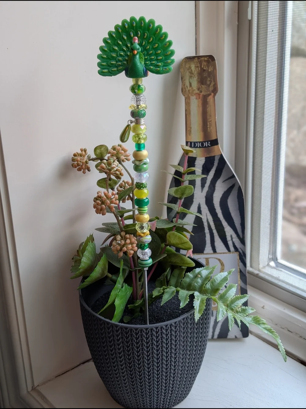 Hand Made Beaded Fairy Wand/Plant/Garden Stake W/Green Peacock Topper 🦚